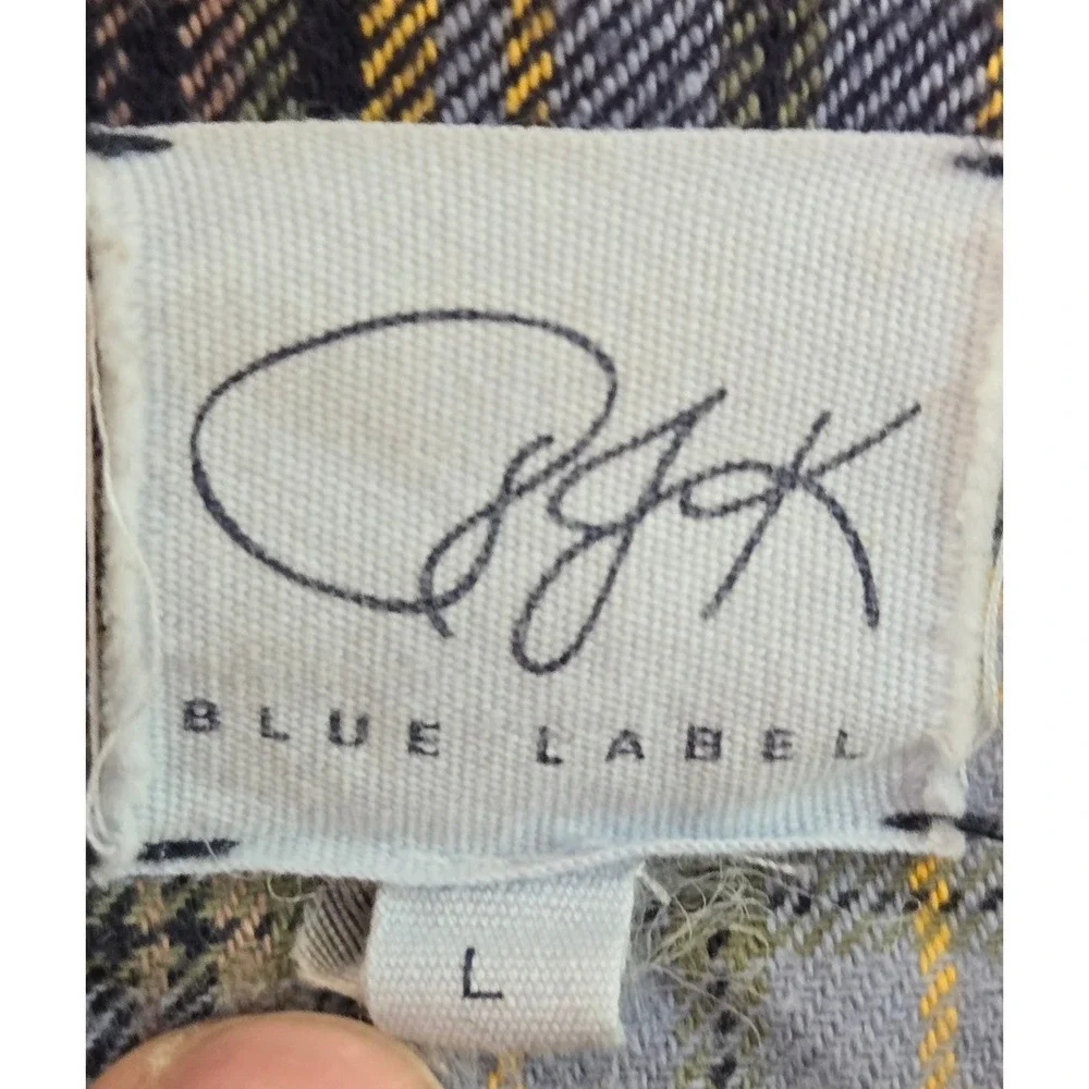 PJK Blue Label Womens L Cozy Plaid Flannel Henley Tunic Shirt Blue Yellow Ombre
